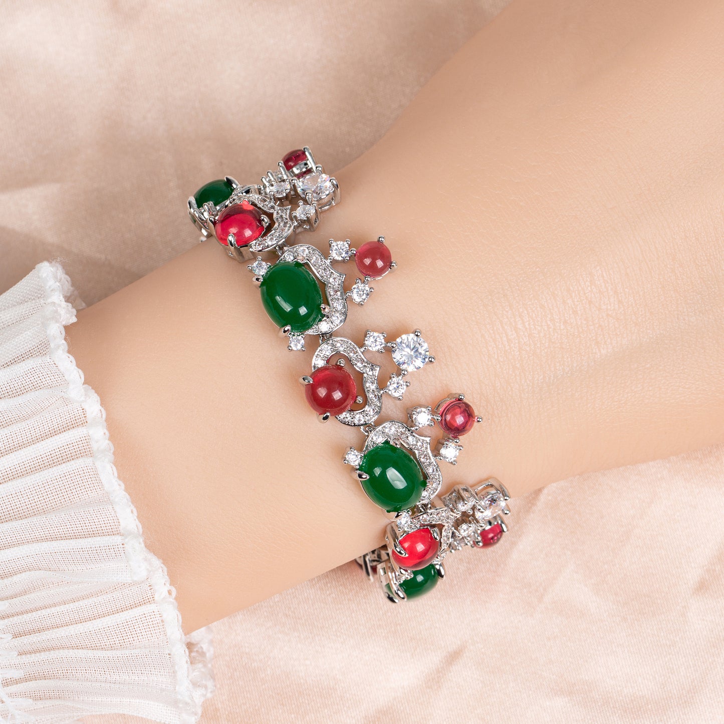 Elegant Rhodium-Plated Copper Bracelet with Multi-Color Zircon Floral Inlay and Secure Lobster Clasp