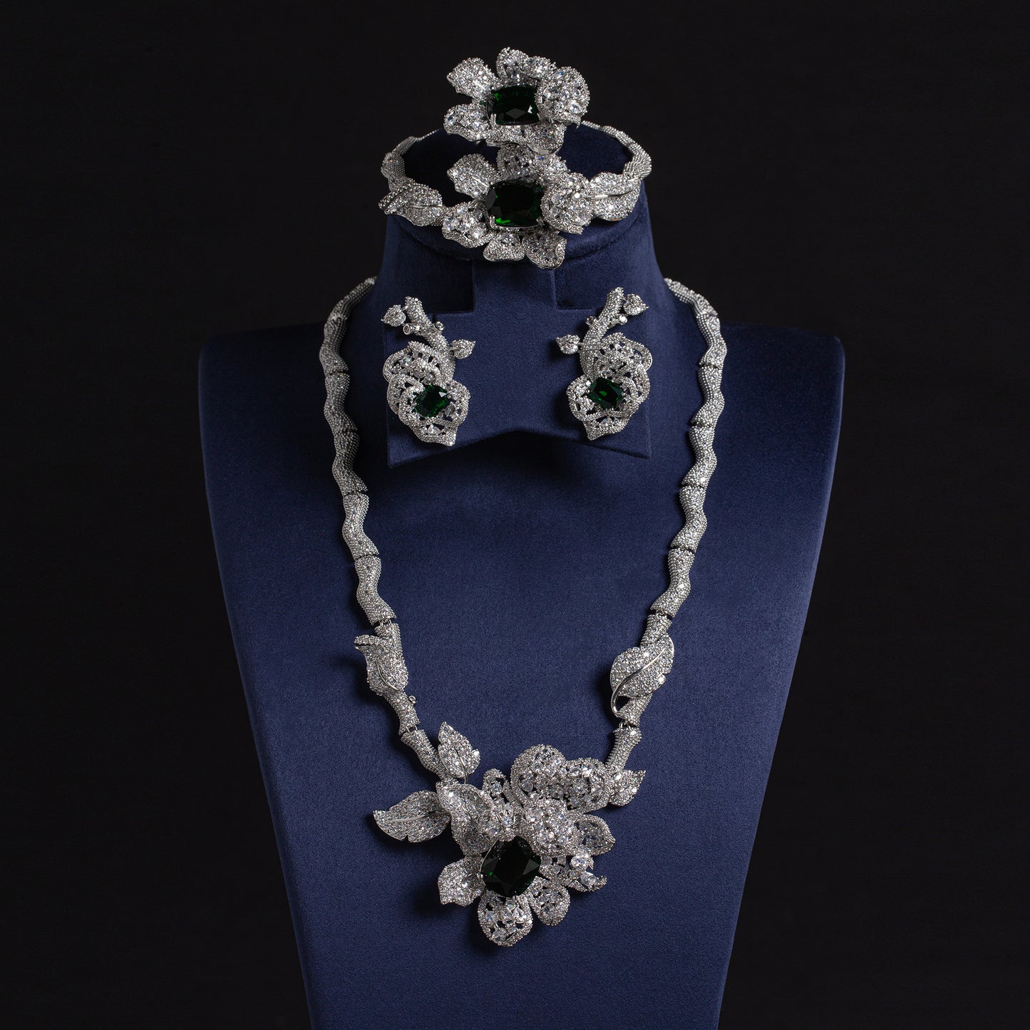 14K Gold Plated Copper Zirconia Floral Jewelry Set - Vintage Style Necklace Earrings & Ring Flower Jewelry Sets Women