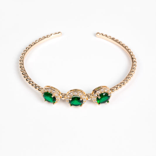 14K Golden Copper Beaded Bracelet with Green Gemstone Centers and Zircon Floral Halos for Elegant Daily Wear & Gift-Giving Occasions