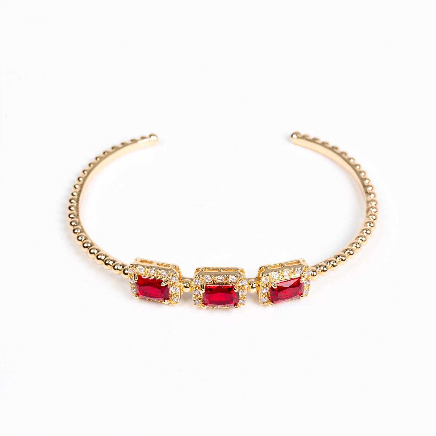 Regal Red Zircon & 14K Gold-Tone Copper Bracelet with Ornate Square Settings for Evening Glamour & Statement Gift-Giving