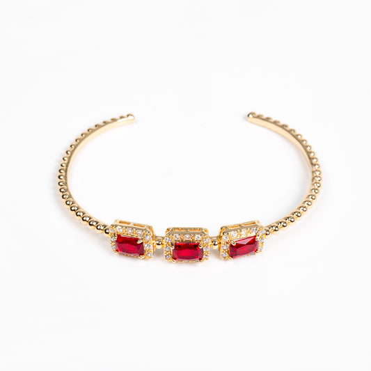 Regal Red Zircon & 14K Gold-Tone Copper Bracelet with Ornate Square Settings for Evening Glamour & Statement Gift-Giving