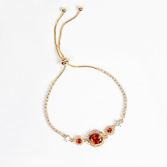 Adjustable 14K Gold-Plated Copper Bracelet with Caramel Zircon Halo & Diamond-Cut Chain
