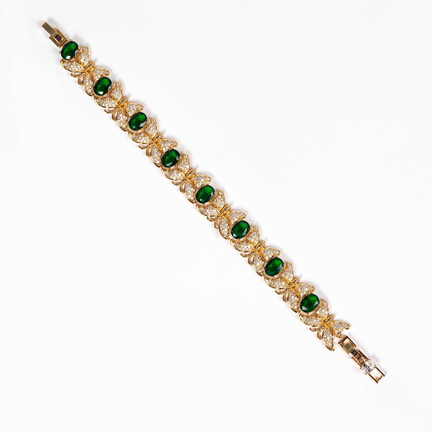 Butterfly Elegance: 14K Gold-Plated Copper Bracelet with Emerald Zircon & Floral Motifs for Garden Parties & Romantic Gift-Giving