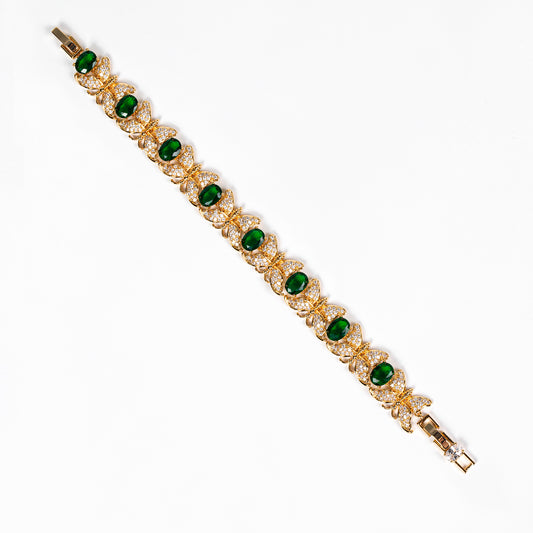 Butterfly Elegance: 14K Gold-Plated Copper Bracelet with Emerald Zircon & Floral Motifs for Garden Parties & Romantic Gift-Giving