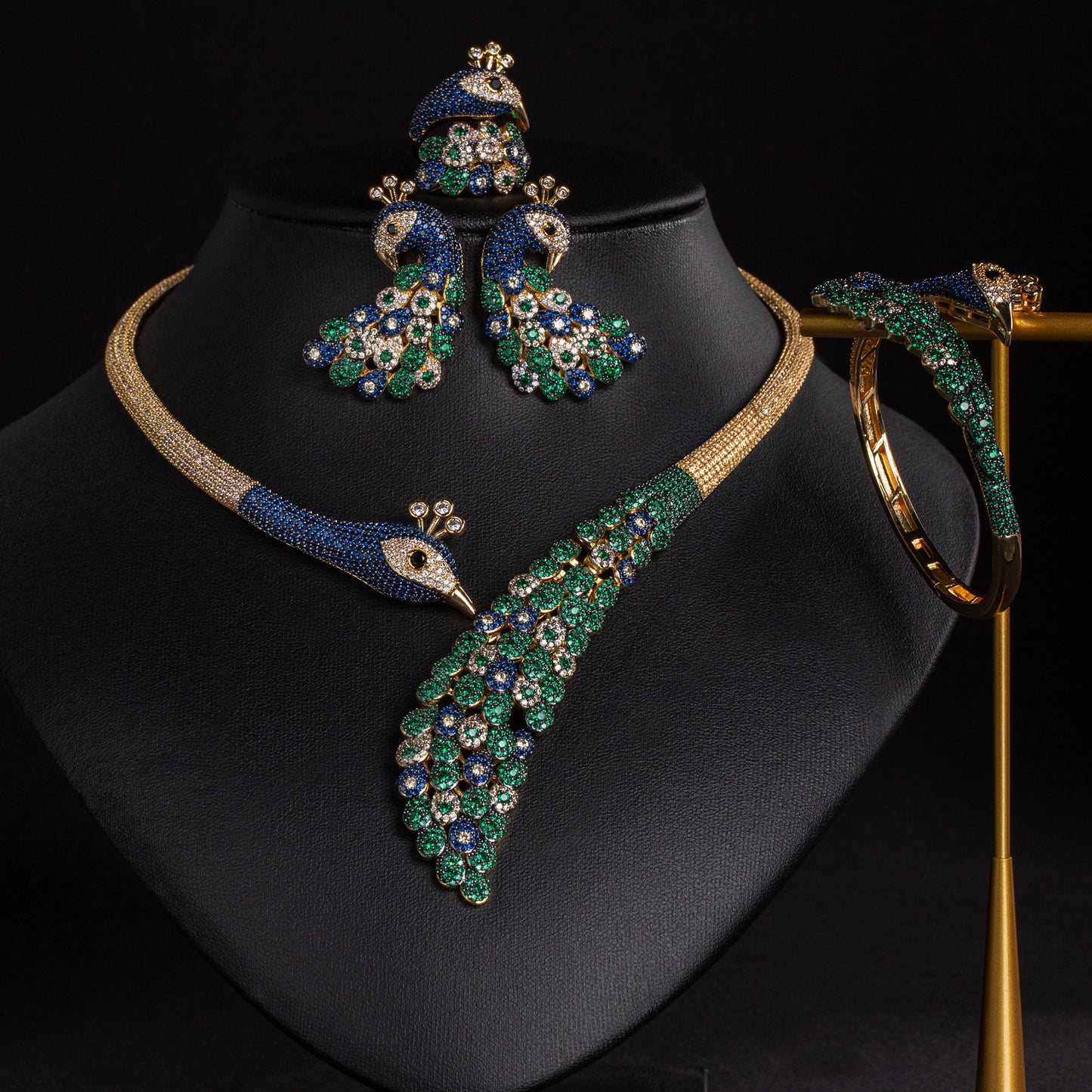 Statement Peacock Jewelry Set in 14K Gold Plated with Blue-Green Zirconia Royal Necklace Stud Earrings Bangle Ring Sets Women