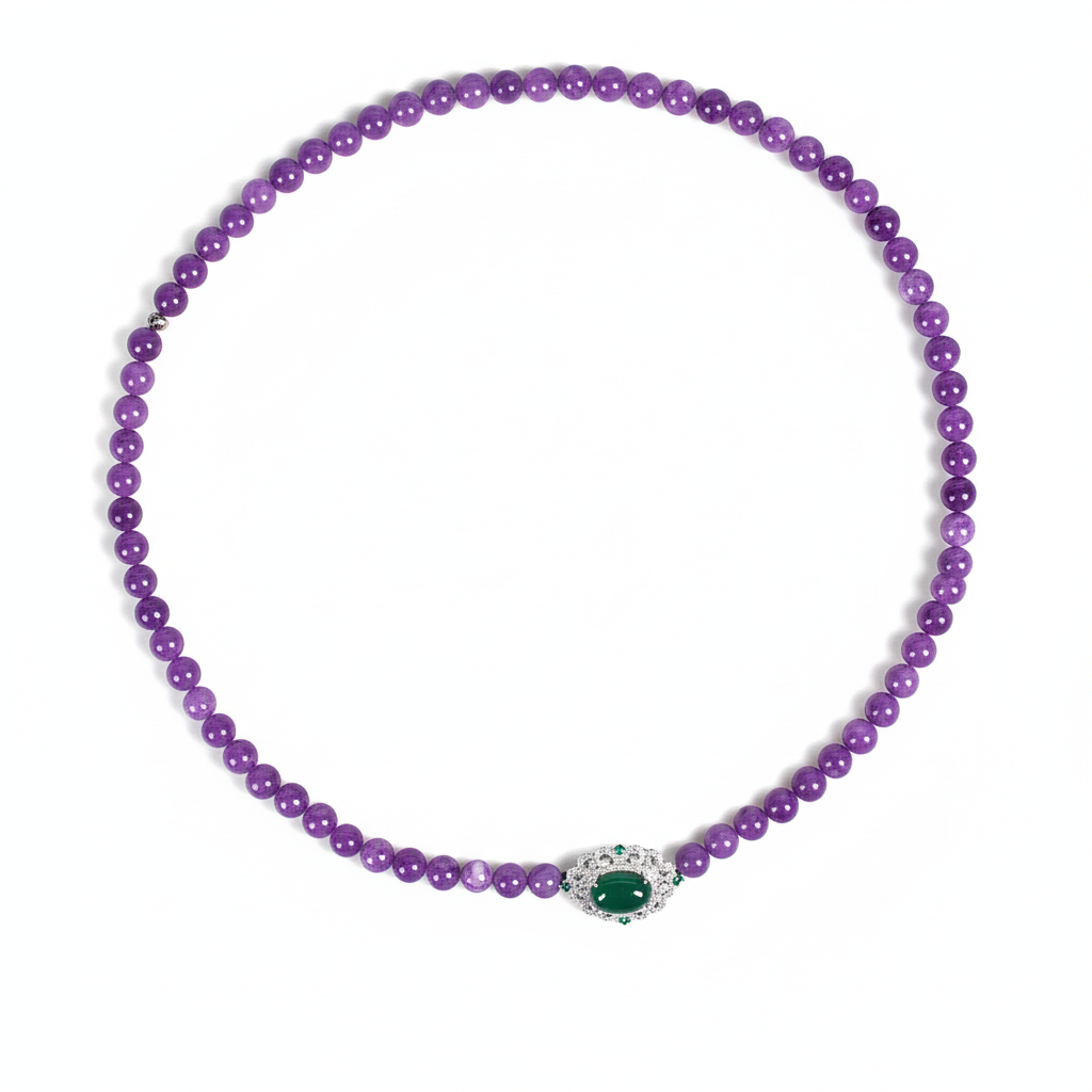 Regal Amethyst Bead Necklace with Ornate Copper Clasp and Green Zircon Centerpiece
