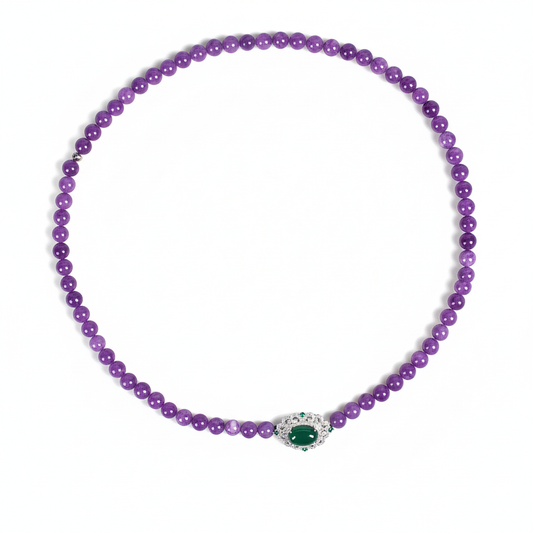 Regal Amethyst Bead Necklace with Ornate Copper Clasp and Green Zircon Centerpiece