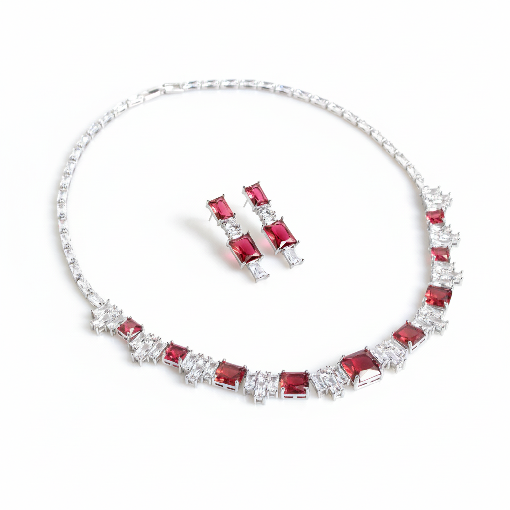 Elegant Rhodium-Plated Copper Zircon Jewelry Set with Red & Clear CZ Geometric Patterns