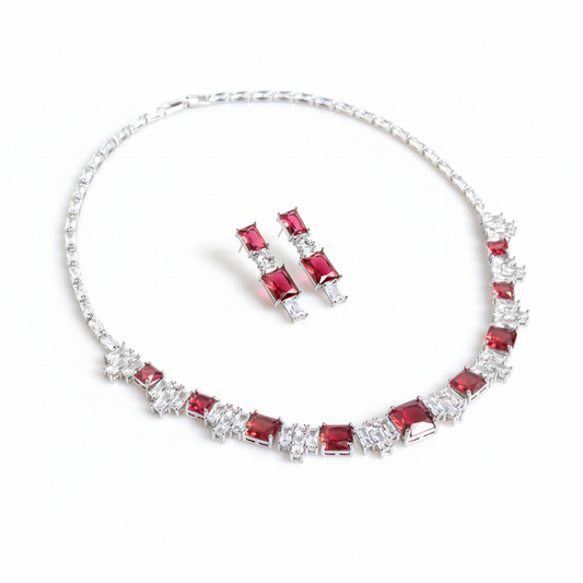 Elegant Rhodium-Plated Copper Zircon Jewelry Set with Red & Clear CZ Geometric Patterns
