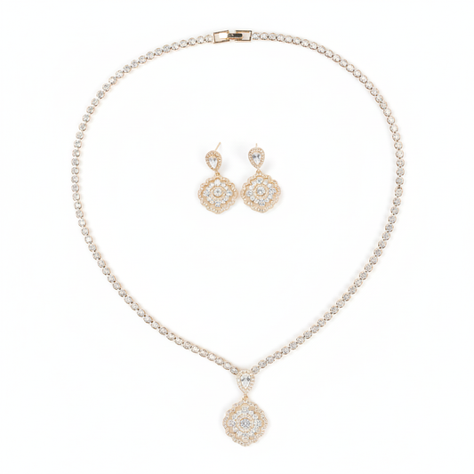 Elegant 14K Gold-Plated Copper Zircon Jewelry Set with Round CZ Pendant and Matching Earrings