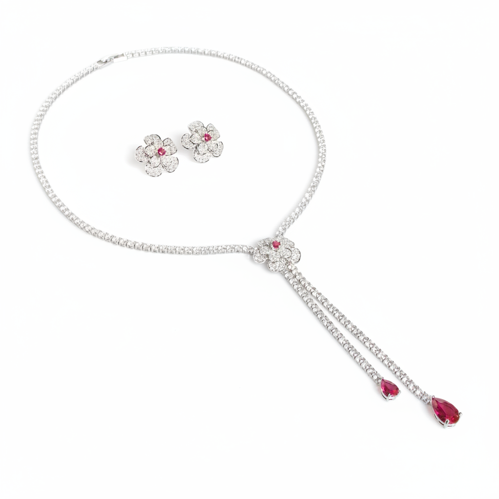Elegant Rhodium-Plated Copper Zircon Jewelry Set with Floral Red Gemstone Accents and Detachable Drops