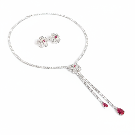 Elegant Rhodium-Plated Copper Zircon Jewelry Set with Floral Red Gemstone Accents and Detachable Drops