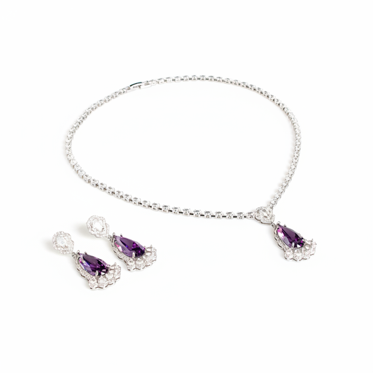 Elegant Rhodium-Plated Copper & CZ Jewelry Set with Pear-Shaped Amethyst Pendant and Matching Teardrop Earrings
