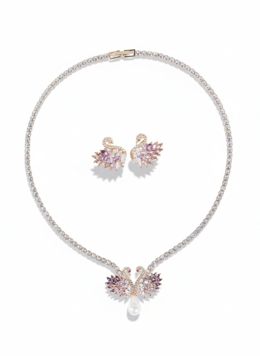 Elegant 14K Gold-Plated Copper Swan Jewelry Set with Pink & White Zircon Accents and Pearl Drop Details