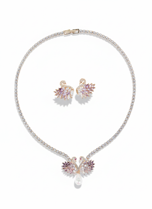 Elegant 14K Gold-Plated Copper Swan Jewelry Set with Pink & White Zircon Accents and Pearl Drop Details
