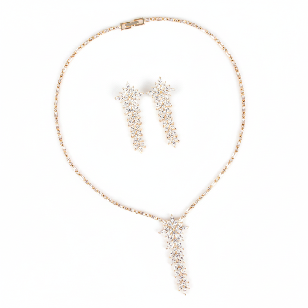Elegant 14K Gold-Plated Copper & CZ Floral Jewelry Set with Delicate Chain and Matching Earrings