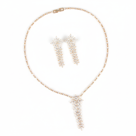 Elegant 14K Gold-Plated Copper & CZ Floral Jewelry Set with Delicate Chain and Matching Earrings