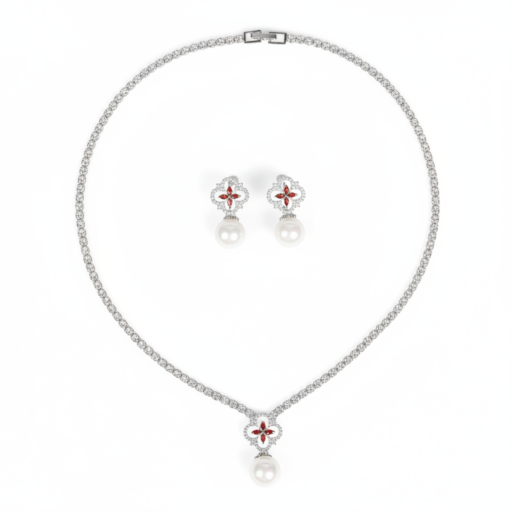 Elegant Rhodium-Plated Copper & CZ Jewelry Set with Red Gemstone Cross and Pearl Drops