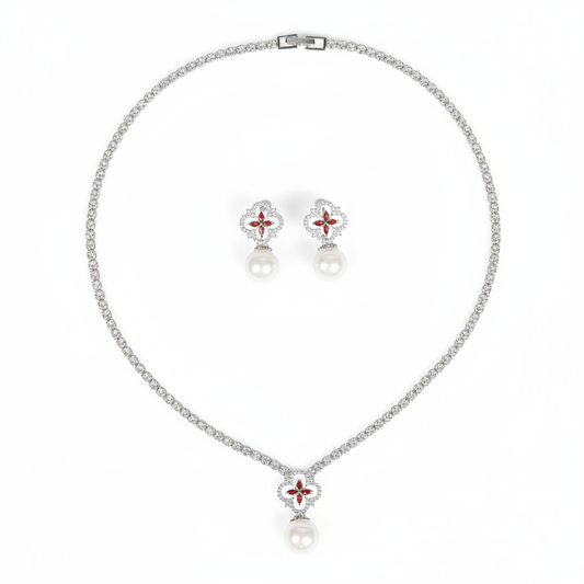 Elegant Rhodium-Plated Copper & CZ Jewelry Set with Red Gemstone Cross and Pearl Drops