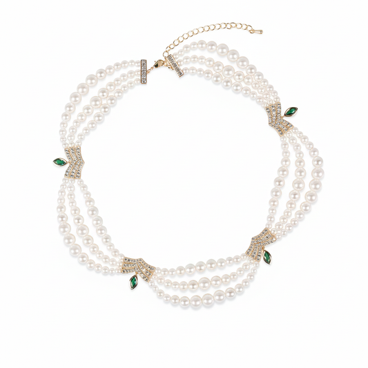 Triple-Layer Pearl Statement Necklace with 14K Gold-Tone Copper Settings & Zircon-Green Gem Accents