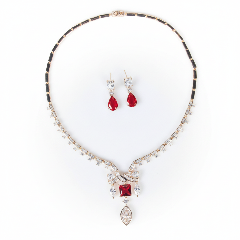 Elegant 14K Gold-Plated Copper & Zircon Jewelry Set with Red Gemstone Center and Teardrop Accents