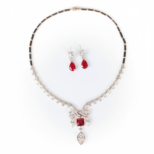 Elegant 14K Gold-Plated Copper & Zircon Jewelry Set with Red Gemstone Center and Teardrop Accents