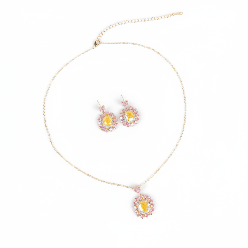 Elegant 14K Gold-Plated Copper & Cubic Zirconia Jewelry Set with Floral Yellow & Pink Zircon Arrangement