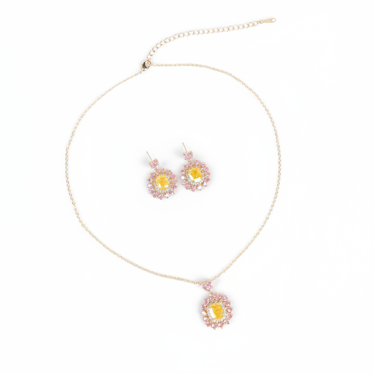 Elegant 14K Gold-Plated Copper & Cubic Zirconia Jewelry Set with Floral Yellow & Pink Zircon Arrangement