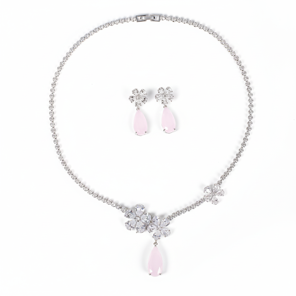Elegant Rhodium-Plated Copper & CZ Floral Jewelry Set with Pink Teardrop Gemstone Accents