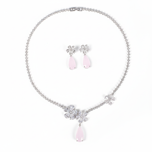 Elegant Rhodium-Plated Copper & CZ Floral Jewelry Set with Pink Teardrop Gemstone Accents