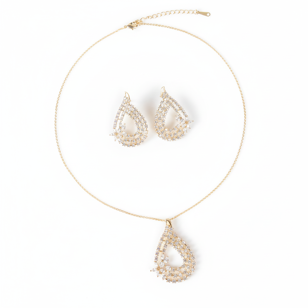 14K Gold-Plated Copper & CZ Teardrop Jewelry Set with Micro-Pave Detailing and Matching Necklace & Earrings