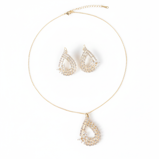 14K Gold-Plated Copper & CZ Teardrop Jewelry Set with Micro-Pave Detailing and Matching Necklace & Earrings