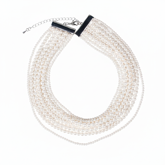 Six-Layer Classic Pearl Necklace with Silver-Tone Clasp & Adjustable Chain