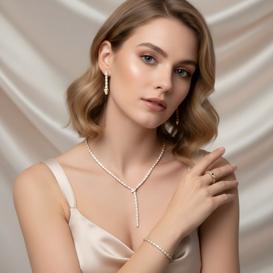 14K Gold-Plated Copper CZ Jewelry Set with Y-Necklace & Matching 4-Piece Collection