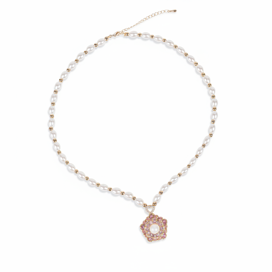 Floral Pearl & Copper Zircon Statement Necklace with Pink Gem Accents