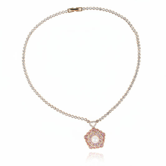 Floral Copper Zircon Statement Necklace with Pink Gem Accents Pearl
