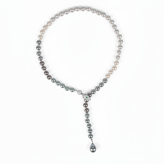 Dual-Strand Pearl Necklace with Copper Zircon Floral Pendant & Imitation Emerald Drop