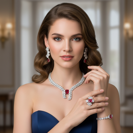 Elegant Rhodium-Plated Copper & CZ Jewelry Set with Red Gemstone Focal Points and All-Over Crystal Accents