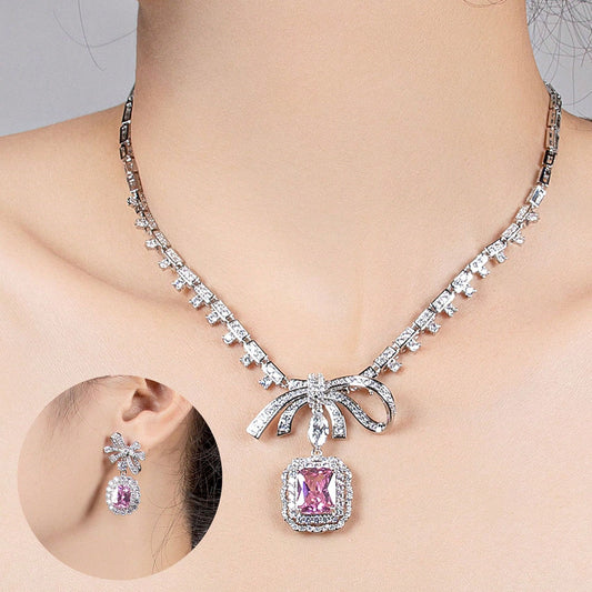 3pcs/Set Silver-Tone/Multi-Color Earrings, Necklace Jewelry Set, Bowknot, Rhinestone Decor, Suitable For Women, Bride, Bridesmaid, Festival, Party, Wedding, Banquet, Fashion Jewelry, Gift