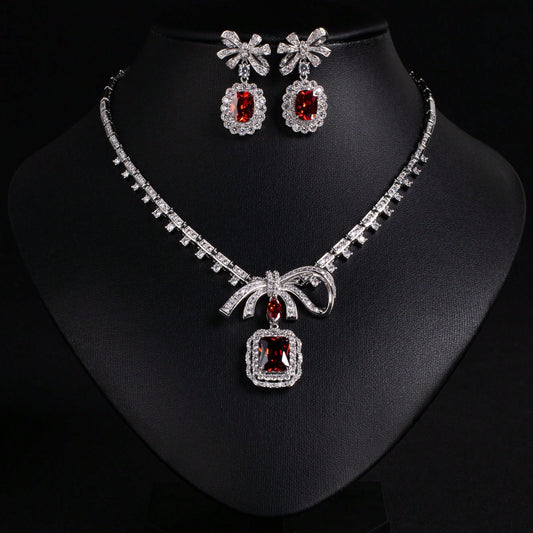 3pcs/Set Silver-Tone/Multi-Color Earrings, Necklace Jewelry Set, Bowknot, Rhinestone Decor, Suitable For Women, Bride, Bridesmaid, Festival, Party, Wedding, Banquet, Fashion Jewelry, Gift