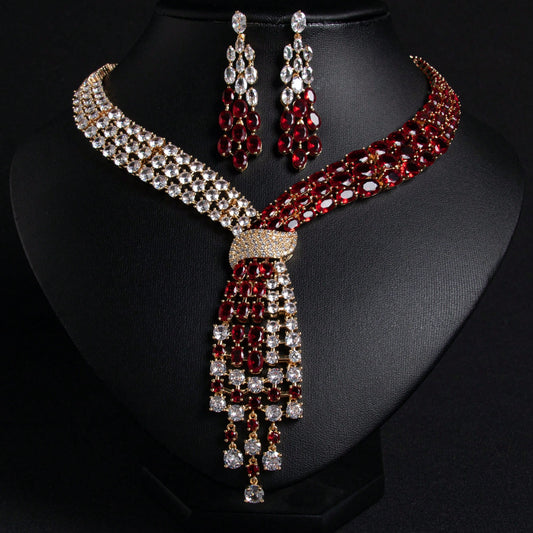 3 Pcs/1 Set | Golden Fashion Ornaments | Accessory | Multi Colors Cubic Zirconia Inlay| Women's Earrings | Necklace | Jewelry Set | For Women Use | Bridal |Festival | Party | Wedding | Banquet | Daily Wear | Birthday | Gifts