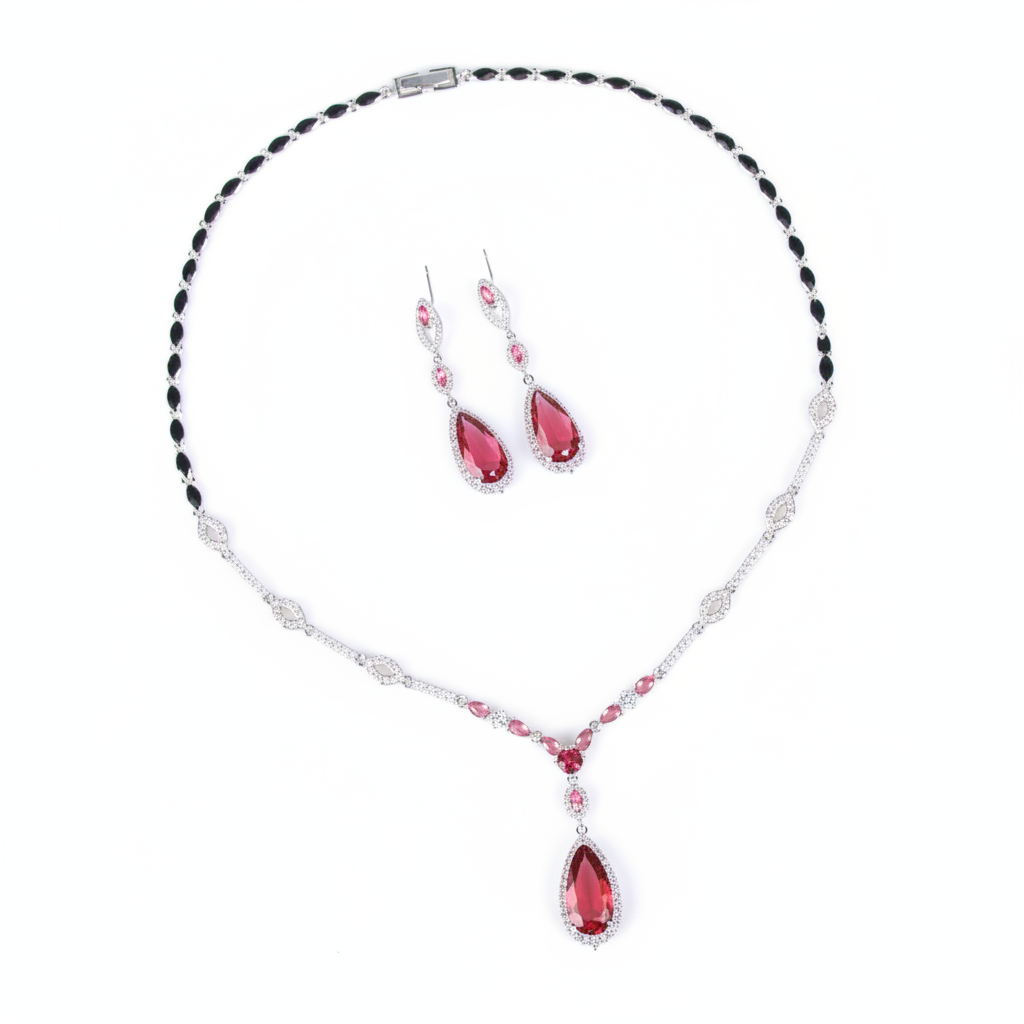Linked Chain W/Cubic Zircon Paved Full Diamond Gemstone With Big Tear dropped Charm Pendant Jewelry Sets Women