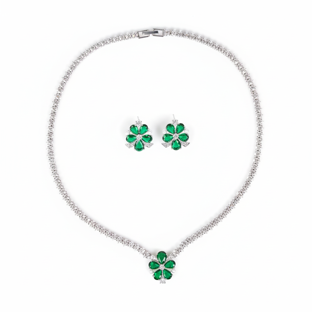 Elegant Rhodium-Plated Copper Zircon Jewelry Set with Floral Green Gemstone Center and Micro-Pave Detailing