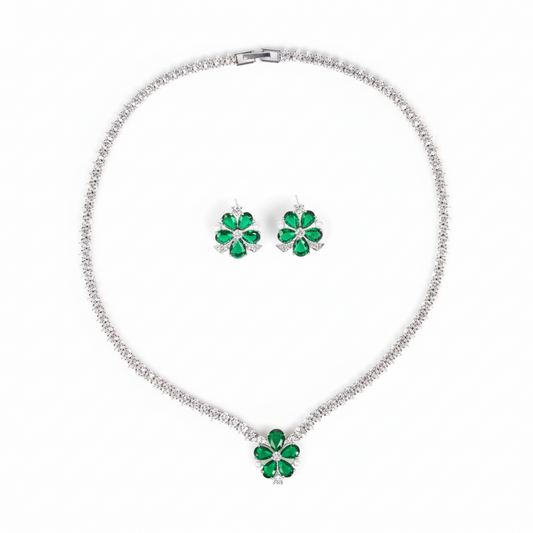 Elegant Rhodium-Plated Copper Zircon Jewelry Set with Floral Green Gemstone Center and Micro-Pave Detailing