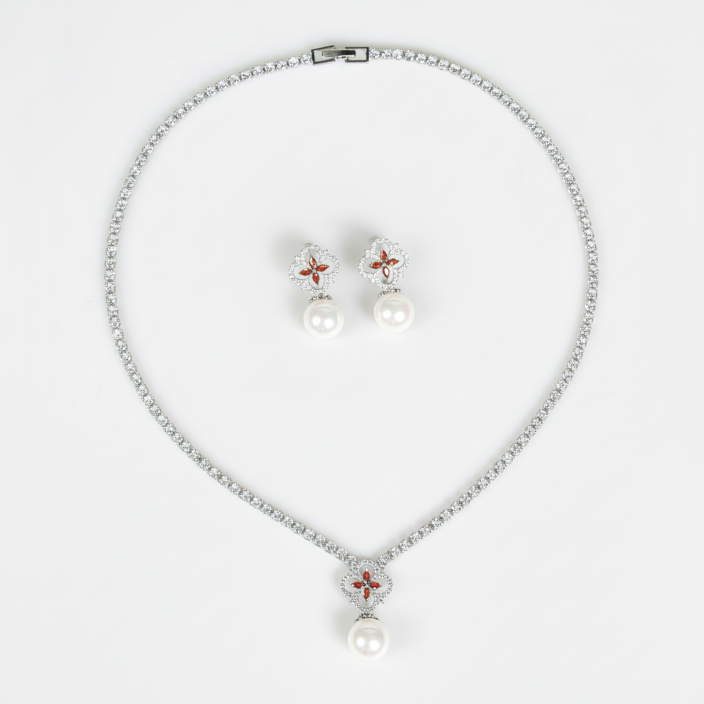 2pcs Copper with Zirconia Earrings & Necklace Jewelry Set
