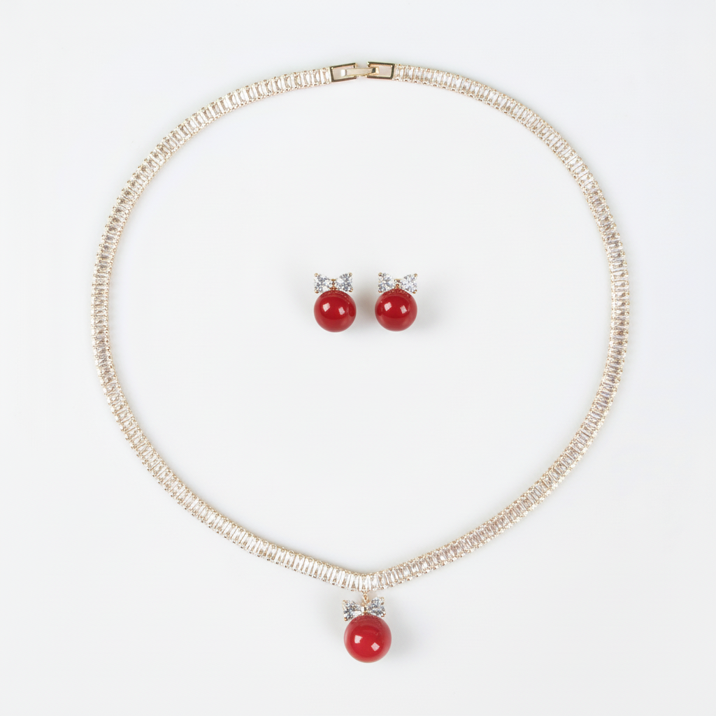 14K Gold-Plated Copper & CZ Jewelry Set with Red Bead Accents and Necklace & Earrings