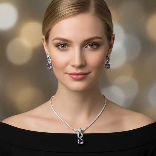Elegant Rhodium-Plated Copper & CZ Jewelry Set with Amethyst and Emerald Accents