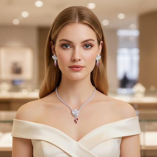 Elegant Rhodium-Plated Copper Floral Jewelry Set with Red Gemstone Accents and Micro-Pave Detailing