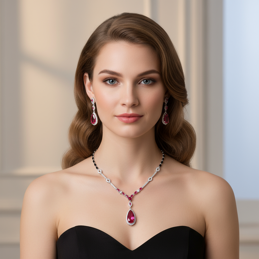 Linked Chain W/Cubic Zircon Paved Full Diamond Gemstone With Big Tear dropped Charm Pendant Jewelry Sets Women