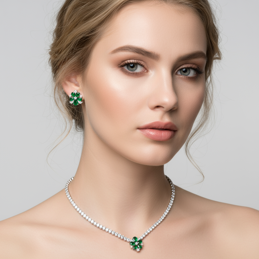 Elegant Rhodium-Plated Copper Zircon Jewelry Set with Floral Green Gemstone Center and Micro-Pave Detailing